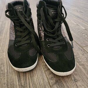 Coach Naples Black Silver Hidden Wedge High Top Sneakers Booties - Sz 7.5